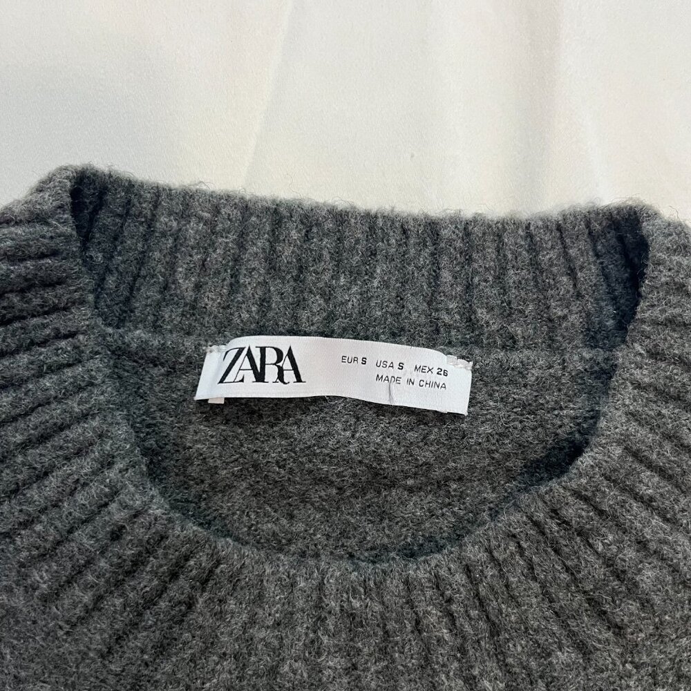 Zara Dark Gray Wool Blend Cropped Crewneck Sweater | Size S - Picture 3 of 5